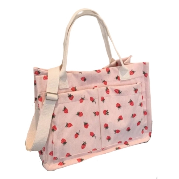 Handbags - Tote: Medium Pink Corduroy Strawberry with Strap